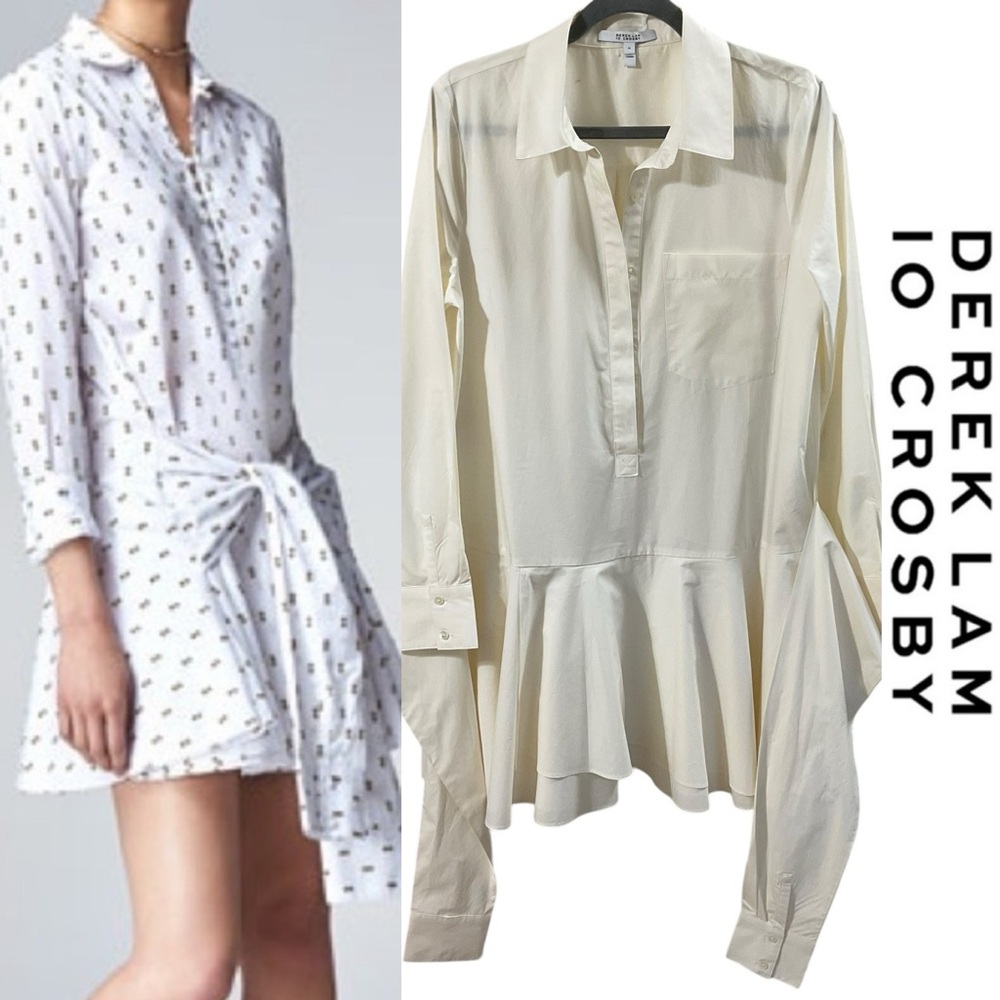 Derek Lam 10 Crosby White Tie-Front Shirt Dress | Peplum Hem ,Chic Minimalist LG - Picture 4 of 16